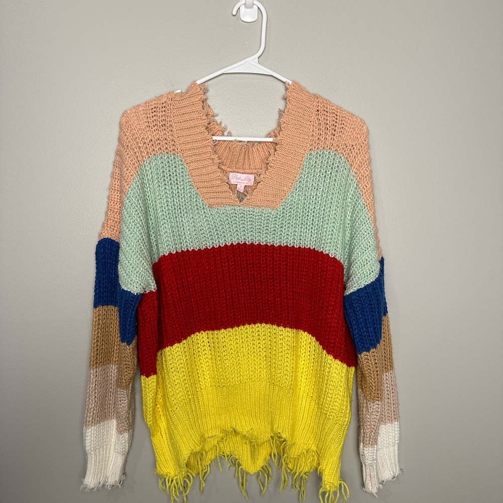 Pink Lily 100% Acrylic Trendy Colorful Striped Distressed V-Neck Sweater Size M